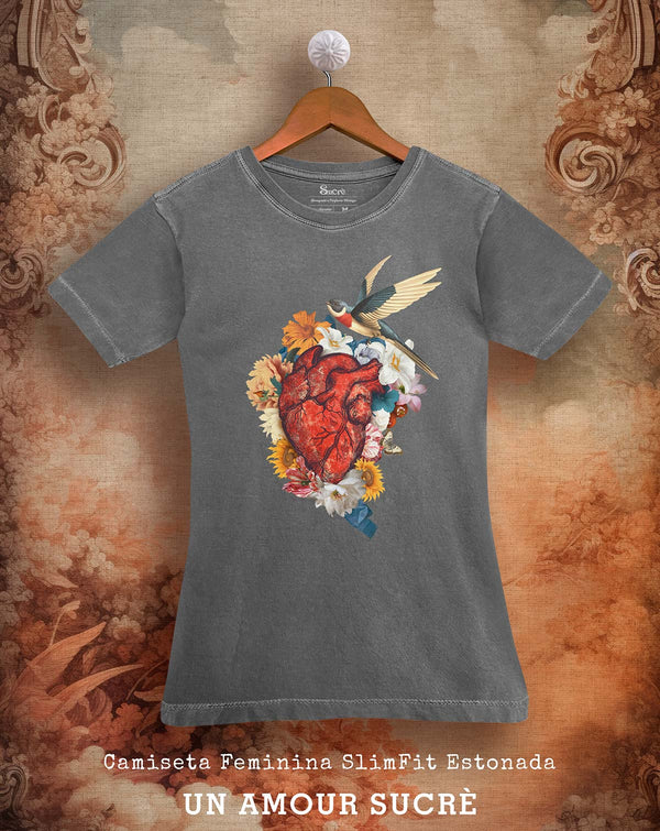CAMISETA FEMININA SLIM FIT - AMOUR SUCRÈ II Camiseta BeSucrè Cinza estonada P 