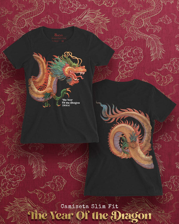 CAMISETA FEMININA SLIM FIT - THE YEAR OF THE DRAGON Camiseta BeSucrè Preto P 
